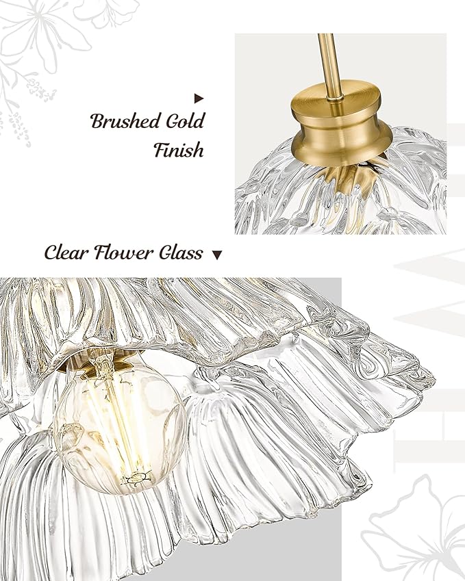 Gold Pendant Light, HWH Kitchen Island Lighting for Living Rooms, Dining Room, Modern Pendant Light Fixture with Clear Flower Glass, Brushed Gold Finish, 5HJX112MIL BG