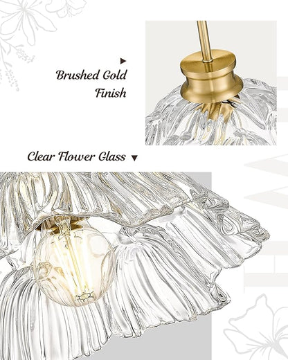 Gold Pendant Light, HWH Kitchen Island Lighting for Living Rooms, Dining Room, Modern Pendant Light Fixture with Clear Flower Glass, Brushed Gold Finish, 5HJX112MIL BG