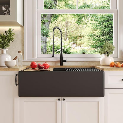 DeerValley Black Farmhouse Sink 33 Inch Fireclay Farmhouse Kitchen Sink Undermount Workstation Single Bowl Kitchen with Ledge and Workstation Accessories