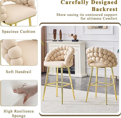 Set of 2 Beige Puffy Bubble Chair Ball Chain Chair Velvet Bar Stools with Gold Legs, Tufted Accent Bar Chairs for Kitchen Island Home Bar