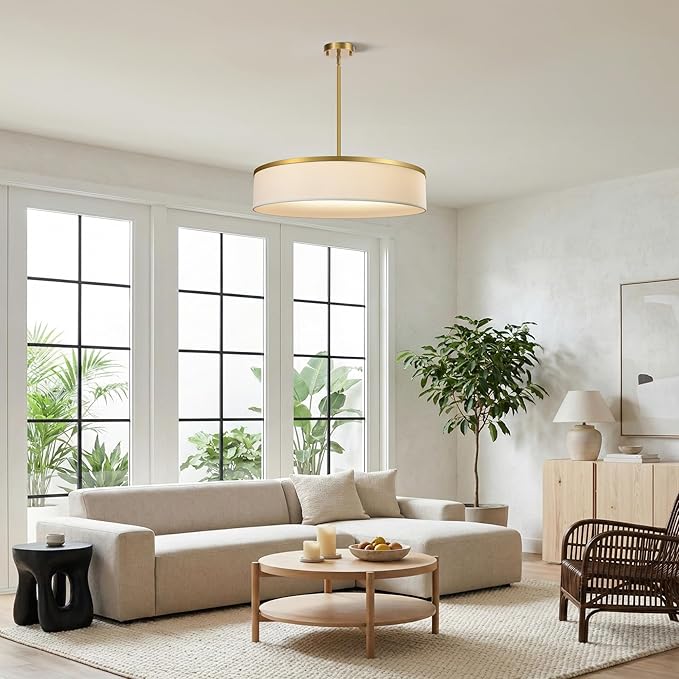 23.6 Inch Integrated LED Drum Chandeliers, 2800K Modern Fabric Pendant Light Fixture, White Linen and Gold Finish, Large Semi Flush Mount Lighting for Dining Room Bedroom Kitchen Entryway