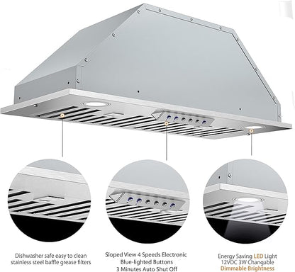 Awoco 11-3/4"D Built-in/Insert Stainless Steel Range Hood, 4-Speed, 600 CFM, LED Lights, Baffle Filters for Wood Hood (28"W 12"D Baffle Filters)
