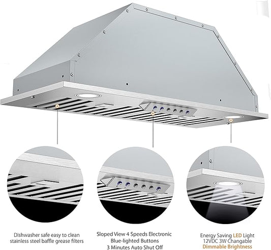 Awoco 11-3/4"D Built-in/Insert Stainless Steel Range Hood, 4-Speed, 600 CFM, LED Lights, Baffle Filters for Wood Hood (28"W 12"D Baffle Filters)