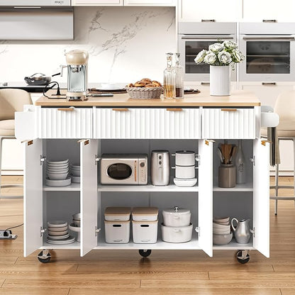 55.5" Fluted Kitchen Island with Power Outlet and Drop Leaf, Narrow Kitchen Island with Storage Srawers and 4 Doors, Rolling Island Table with Wood-grain Top, Curved Edge for Dining Room White