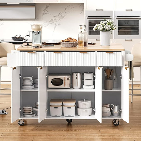 55.5" Fluted Kitchen Island with Power Outlet and Drop Leaf, Narrow Kitchen Island with Storage Srawers and 4 Doors, Rolling Island Table with Wood-grain Top, Curved Edge for Dining Room White