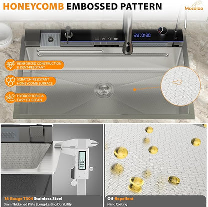 Mocoloo 33 Inch Honeycomb Waterfall Kitchen Sink Drop in, 33x19 Inch Stainless Steel Workstation Sink 16 Gauge Topmount Single Bowl Sink with Complete Kit