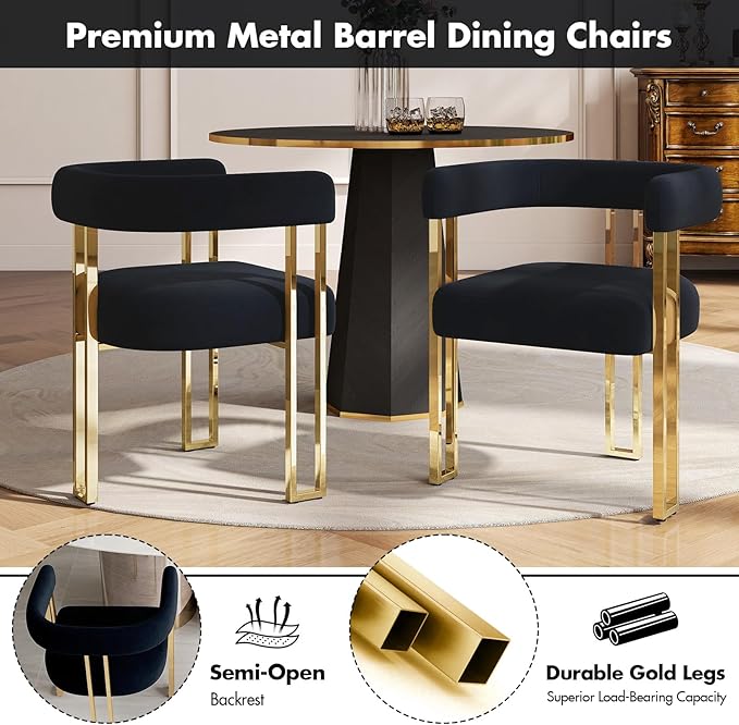 Hyfirm Set of 6 Black and Gold Modern Dining Chairs, Velvet Upholstered Barrel Armchairs with Metal Legs for Kitchen Island, Mid Century Accent Chairs for Dining Room Living Room, Open-Back