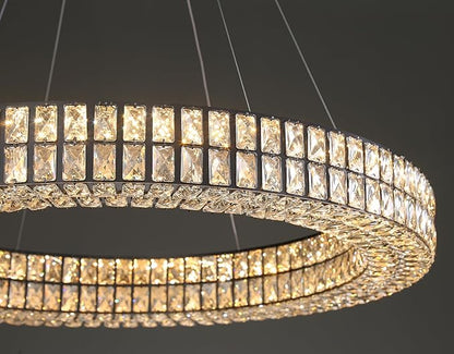 Modern Led Ring Chandelier Dimmable Crystal Chandelier for Living Room Dining Room 32 inch Black Adjustable Ring Pendant Light