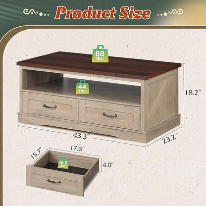 WLIVE Coffee Table for Living Room, 43" Framhouse Coffee Table with 2 Storage Drawers, Modern Center Table with Open Display Area, Elegant Curved Base, Grey