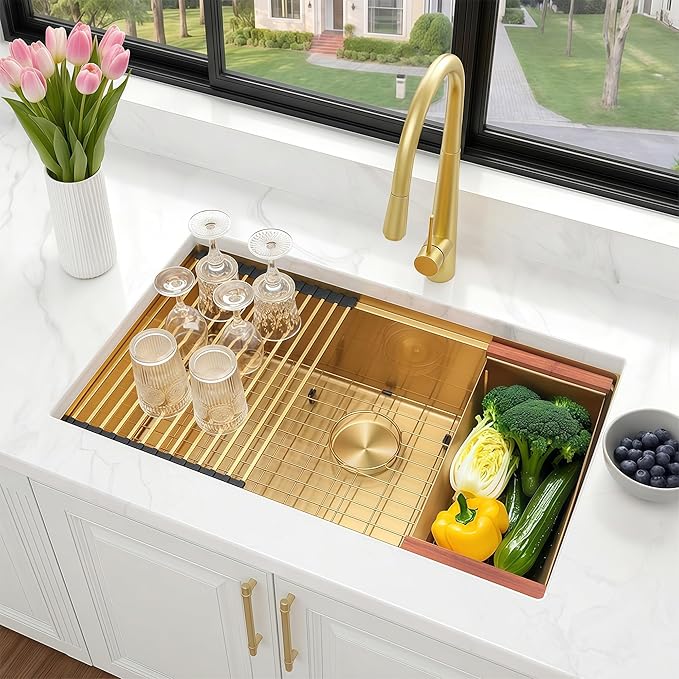 33 Inch Gold Undermount Kitchen Sink, NANO-PVD 304 Stainless Steel Sinks 16 Gauge Single Bowl Ledge Workstation With Accessories, 33"x19"x9" Inch Large and Deep Basin