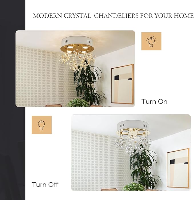 4-Lights Modern Chandelier K9 Crystal Lighting Fixture,11.8 Inch Round Stainless Steel Flush Mount Ceiling Lights for Bedroom Foyer Hallway Dining Room,GU10 Bulbs Include