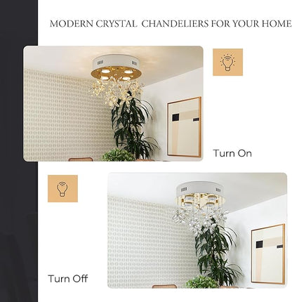 4-Lights Modern Chandelier K9 Crystal Lighting Fixture,11.8 Inch Round Stainless Steel Flush Mount Ceiling Lights for Bedroom Foyer Hallway Dining Room,GU10 Bulbs Include