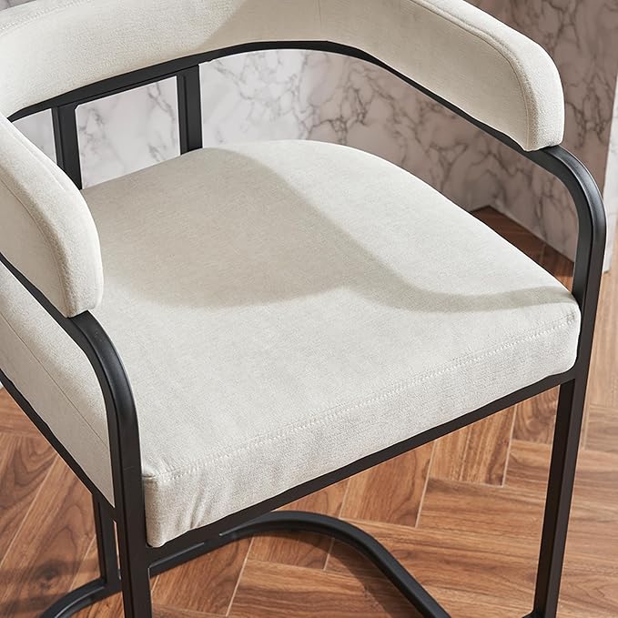 Modern Chenille Bar Stools Set of 2, Upholstered Counter Height Chairs with Metal e Armrests, Soft Chenille Fabric Bar Chairs for Kitchen Island, Dining Room, Home Bar,White