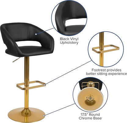 Flash Furniture Erik Contemporary Adjustable Height Barstool with Footrest and Rounded Mid-Back, Upholstered Bar or Counter Height Stool, Black/Gold