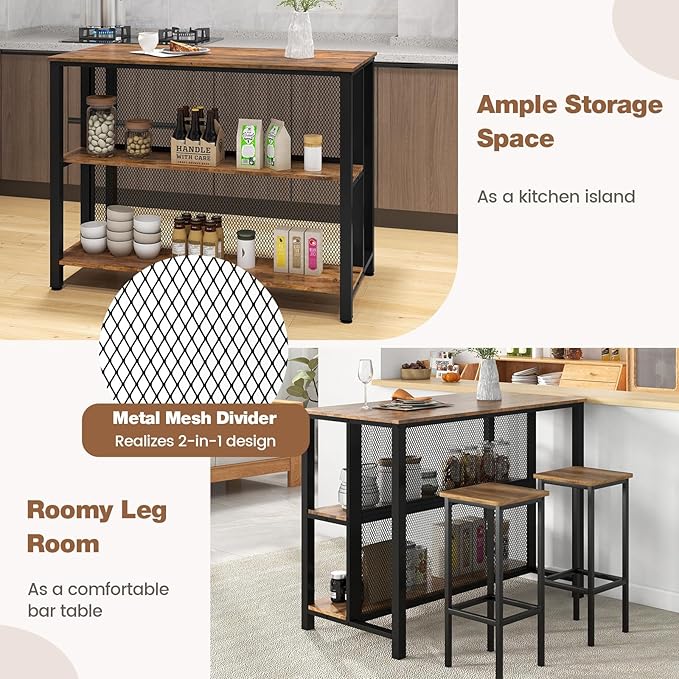 COSTWAY Home Bar Unit, 3-Tier Bar Table with Storage Shelves, Metal Frame, Adjustable Foot Pads, Breakfast Corner Bar Cabinet for Kitchen Island Dining Room (Rustic Brown)