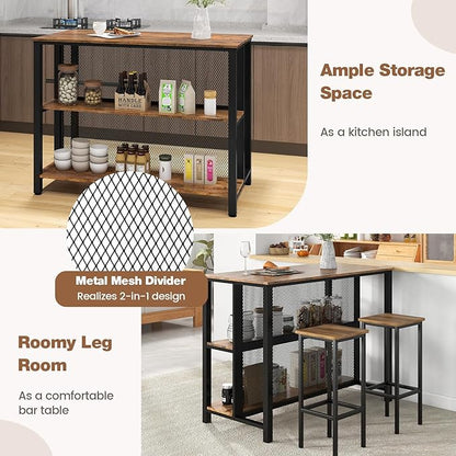 COSTWAY Home Bar Unit, 3-Tier Bar Table with Storage Shelves, Metal Frame, Adjustable Foot Pads, Breakfast Corner Bar Cabinet for Kitchen Island Dining Room (Rustic Brown)