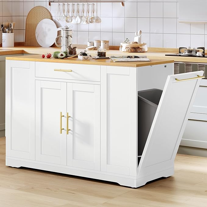 DWVO Large Kitchen Island with Trash Can Cabinet, 53 Inch Kitchen Island on Wheels, Rolling Island with Tilt-Out Garbage Storage Fits 13 Gallon Bin, Spice Rack and Drawer, for Dining Room, White