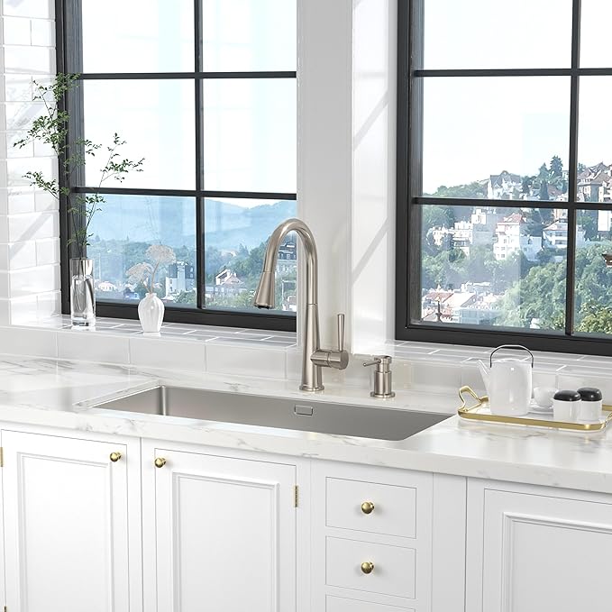 Lava Odoro Montelux Brushed Nickel Kitchen Faucet with Pull Down Sprayer, Single Handle Kitchen Sink Faucet, Faucet for Kitchen Sink with Magnetic Docking Spray Head and Deck Plate, KF321-BN