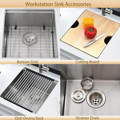 16 Inch Undermount Bar Sink Workstation,16x19 Small Kitchen Sink Bar Sinks Undermount 18 Gauge Stainless Steel Single Bowl Kitchen Prep Wet Bar Sinks with Cutting Board
