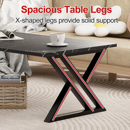 Wolawu Coffee Table Living Room Table Black Center Table, Simple Modern Faux Marble Rectangular Tea Table with Sturdy Black-Finished Metal Frame,Industrial Wooden Coffee Table for Bedroom Home Office