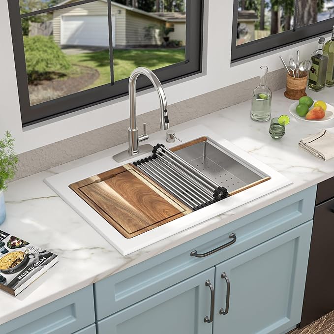 30 Granite Composite Kitchen Sink - Fulorni 30"x22" Granite Kitchen Sink Ledge Workstation Drop In Topmount White Quartz Classic Above Counter Single Bowl Basin