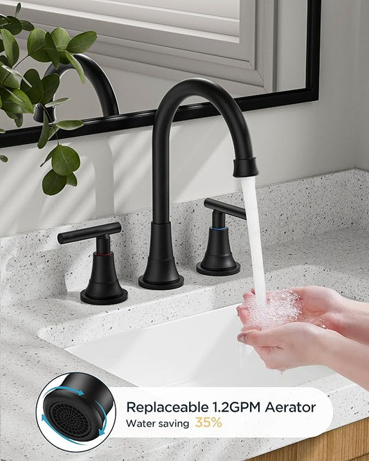 FORIOUS Black Bathroom Faucet 3 Hole Vanity, 2 Handle 360° Swivel Matte Black 8 Inch Widespread Bathroom Sink Faucet 3 Holes, with 360 Degree Rotating Spout, Pop-up Drain, Supply Lines