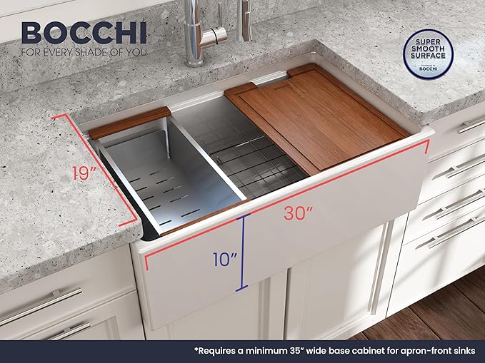BOCCHI Contempo Workstation Apron Front Step Rim Fireclay 30 in. Single Bowl Kitchen Sink with Accessories in White