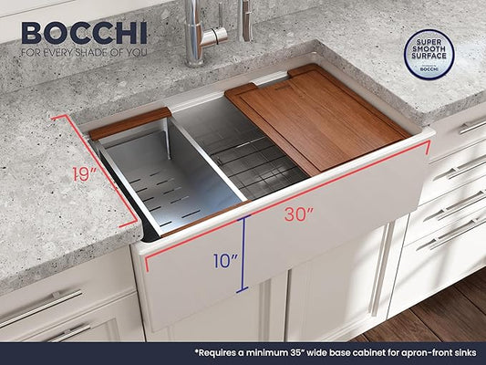 BOCCHI Contempo Workstation Apron Front Step Rim Fireclay 30 in. Single Bowl Kitchen Sink with Accessories in White