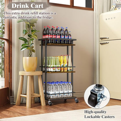 OKZEST 3 Tier Bar Cart for Home, Rolling Mini Liquor Bar for Wine Beverage Dinner Party, Utility Kitchen Storage Island Serving Cart on Wheels, Coffee Bar Cabinet for Kitchen Dining Living Room, Brown