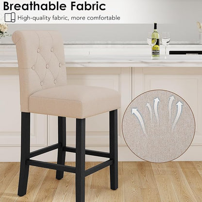 LSSBOUGHT Counter Stools,24 inches Upholstered Counter Height Chairs with Button-Tufted and Solid Wood Legs Set of 2（Beige）