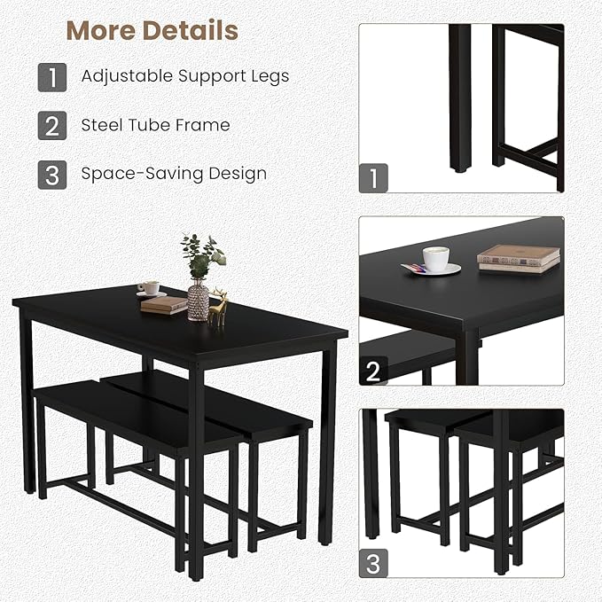 Recaceik 47” Dining Table Set for 4, 3-Piece Kitchen Table with 2 Benches, Wood Kitchen Table and Chair Set, Space-Saving Dining Room Set Dinette Set for Breakfast Nook and Small Space, Black