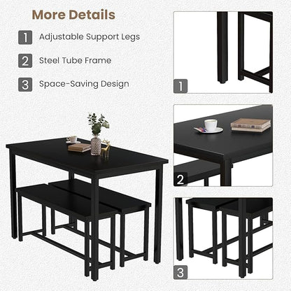 Recaceik 47” Dining Table Set for 4, 3-Piece Kitchen Table with 2 Benches, Wood Kitchen Table and Chair Set, Space-Saving Dining Room Set Dinette Set for Breakfast Nook and Small Space, Black