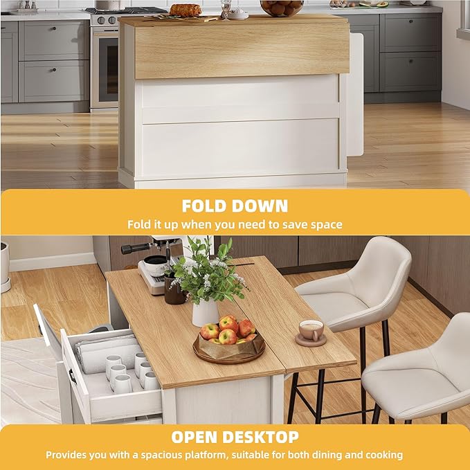 DWVO Tilt-Out Kitchen Trash Cans Cabinet, 50 Inch Rolling Kitchen Island with Drop Leaf, Portable Mobile Storage Island, Hidden Waste Bins Cabinet for 13 Gallon Garbage Bin, White Oak