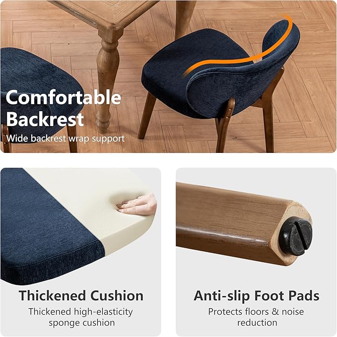 YOUNIKE Dining Chair with High Back Set of 8 Mid Century Modern Kitchen Chair Boucle Fabric Upholstered Armless Accent Chair 20" Wide Padded Seat with Wooden Legs for Living Room Bedroom Navy Blue