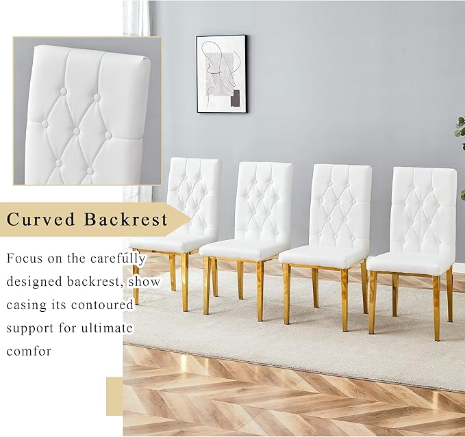 Round Glass Dining Table Set with 2 White PU Chairs, 42 Inch Diameter Clear Tempered Glass Top with Gold Metal Legs, Grid Quilting Design for Modern Dining Room and Kitchen