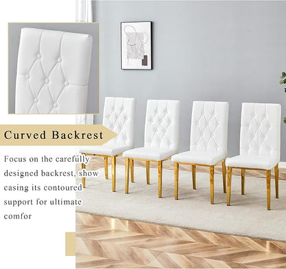 Round Glass Dining Table Set with 2 White PU Chairs, 42 Inch Diameter Clear Tempered Glass Top with Gold Metal Legs, Grid Quilting Design for Modern Dining Room and Kitchen