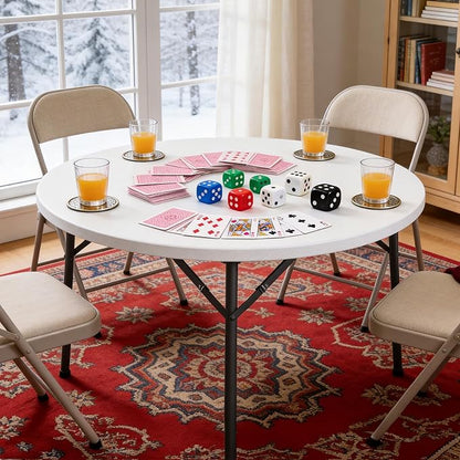 48" Folding Round Table, 48 inch Plastic Commercial Round Dinner Table with Foldable Steel Legs, Portable Card Table for Party, Events, Indoor, Outdoor, White