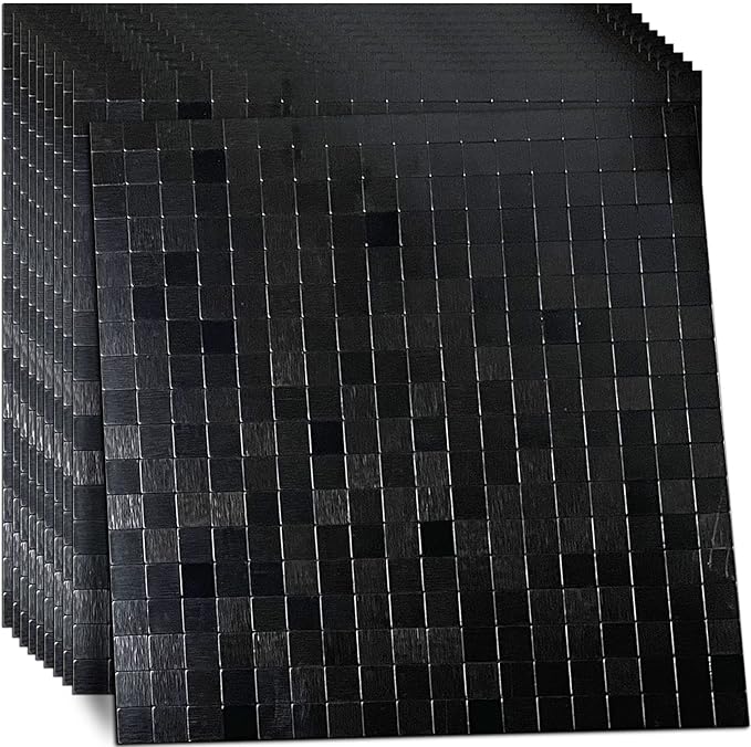 10 Sheets Self-Adhesive Aluminum Mosaic Peel and Stick Metal Tiles 3D Wall Sticker Panel Backsplash for Kitchen & Bathroom (12"x12" Bronze) (Brushed Black + Mirror Black)