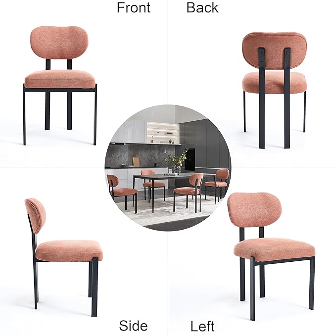 Set of 4 Modern Boucle Dining Chairs, Mid-Century Upholstered Chairs with Black Metal Legs, Ideal for Dining Room, Kitchen Island, Living Room, Bedroom, Home Office, Orange