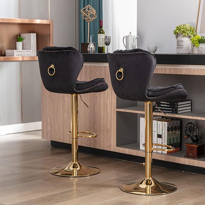 Rhomtree 24-33 Inch Swivel Bar Stools, Adjustable Counter Height Barstools, Velvet Back and Golden Footrest, Bar Chairs for Kitchen Island, Cafe, Bar, Bar Counter, Dining Room, Coffee(Black Set of 8)