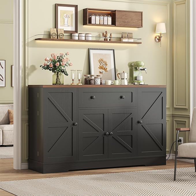 Buffet Cabinet with Storage, Modern Kitchen Buffet Sideboard with Drawer, Wood Coffee Bar Station with Charging Station, Wine Rack and Hooks, Wood Sideboard Buffet for Kitchen, Dining Room, Black