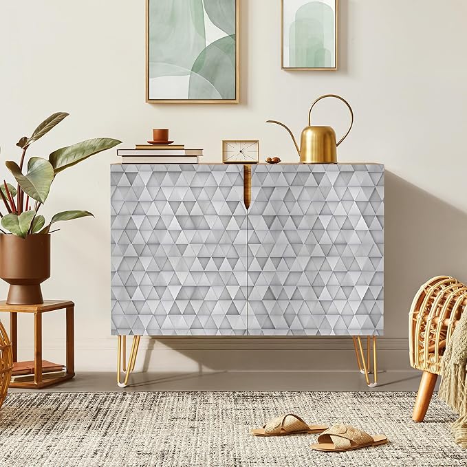 SIGNWIN Sideboard Buffet Cabinet, Kitchen Storage Cabinet with 2 Doors, Gray Geometric Triangle Patterns, Cupboard Console Table for Dining Room - 35" L x 18" W x 29" H