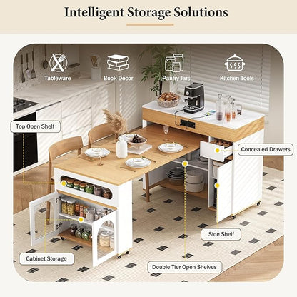 Modern Extendable Dining Table with Folding Top, Rolling Kitchen Island with Storage Drawers, Brake Lock, Sturdy Frame Construction, Space Saving Kitchen & Dining Room Furniture, Easy Assembly,CreamyW