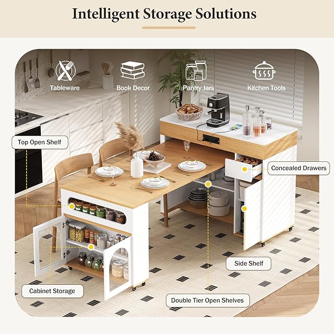 GDFStudio TREXM 73.8" Extendable Dining Table with Extra-Long Folding Top, Rolling Kitchen Island with Power Outlet, Drawers and Brake Lock, Natural & Creamy White Storage Cabinet