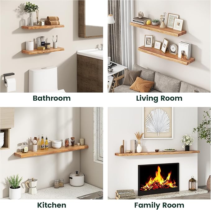 36 Inch Live Edge Floating Shelves, 8 Inch Deep Solid Elm Wood Wall Shelf, Heavy-Duty Wall Mounted Shelf with Invisible Brackets for Living Room, Bathroom, Kitchen, Set of 2, Natural Color