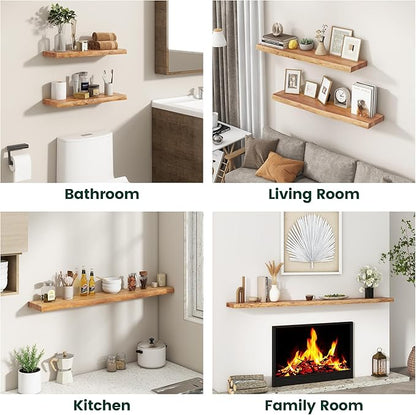 55 Inch Live Edge Floating Shelves, 8 Inch Deep Solid Elm Wood Wall Shelf, Heavy-Duty Wall Mounted Shelf with Invisible Brackets for Living Room, Bathroom, Kitchen, Set of 1, Natural Color