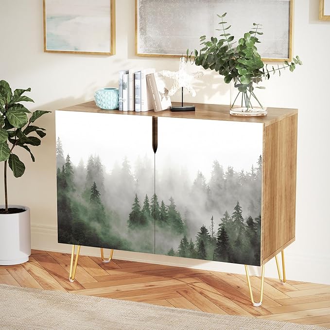 SIGNWIN Sideboard Buffet Cabinet, Kitchen Storage Cabinet with 2 Doors, Mist & Fog Pine Tree Forest Landscape, Cupboard Console Table for Dining Room - 35" L x 18" W x 29" H