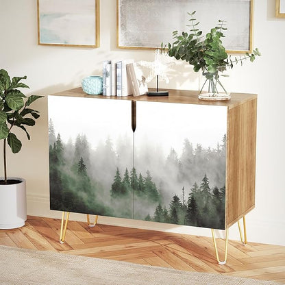 SIGNWIN Sideboard Buffet Cabinet, Kitchen Storage Cabinet with 2 Doors, Mist & Fog Pine Tree Forest Landscape, Cupboard Console Table for Dining Room - 35" L x 18" W x 29" H