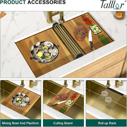 32 Gold Undermount Kitchen Sink - Workstation All-In One 32x19 Gold 16 Gauge Stainless Steel Under Counter Single Bowl Sink for Kitchen with Mixing Board and Pasta Strainer #TLU-0049