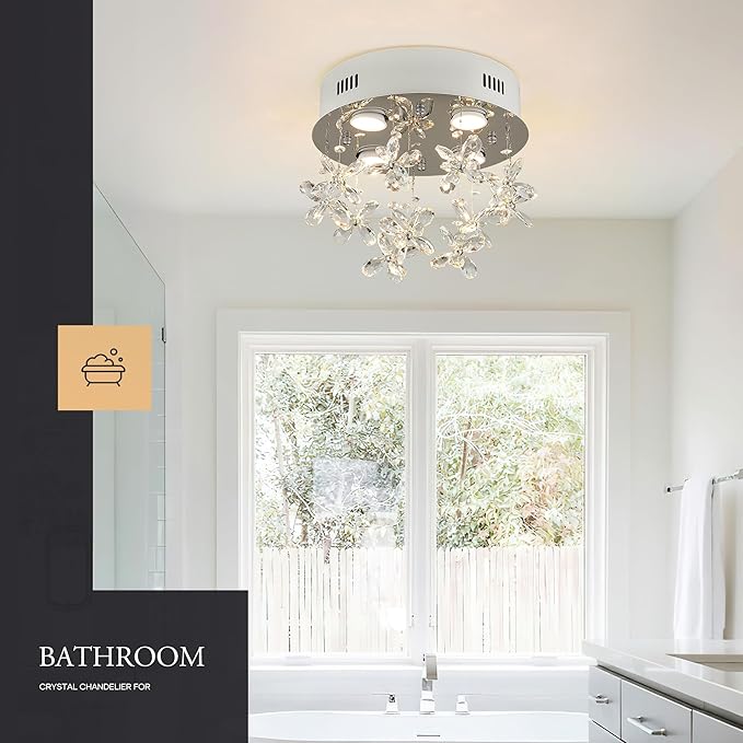 4-Lights Modern Chandelier K9 Crystal Lighting Fixture,11.8 Inch Round Silver Stainless Steel Flush Mount Ceiling Lights for Bedroom Foyer Hallway Dining Room,GU10 Bulbs Include